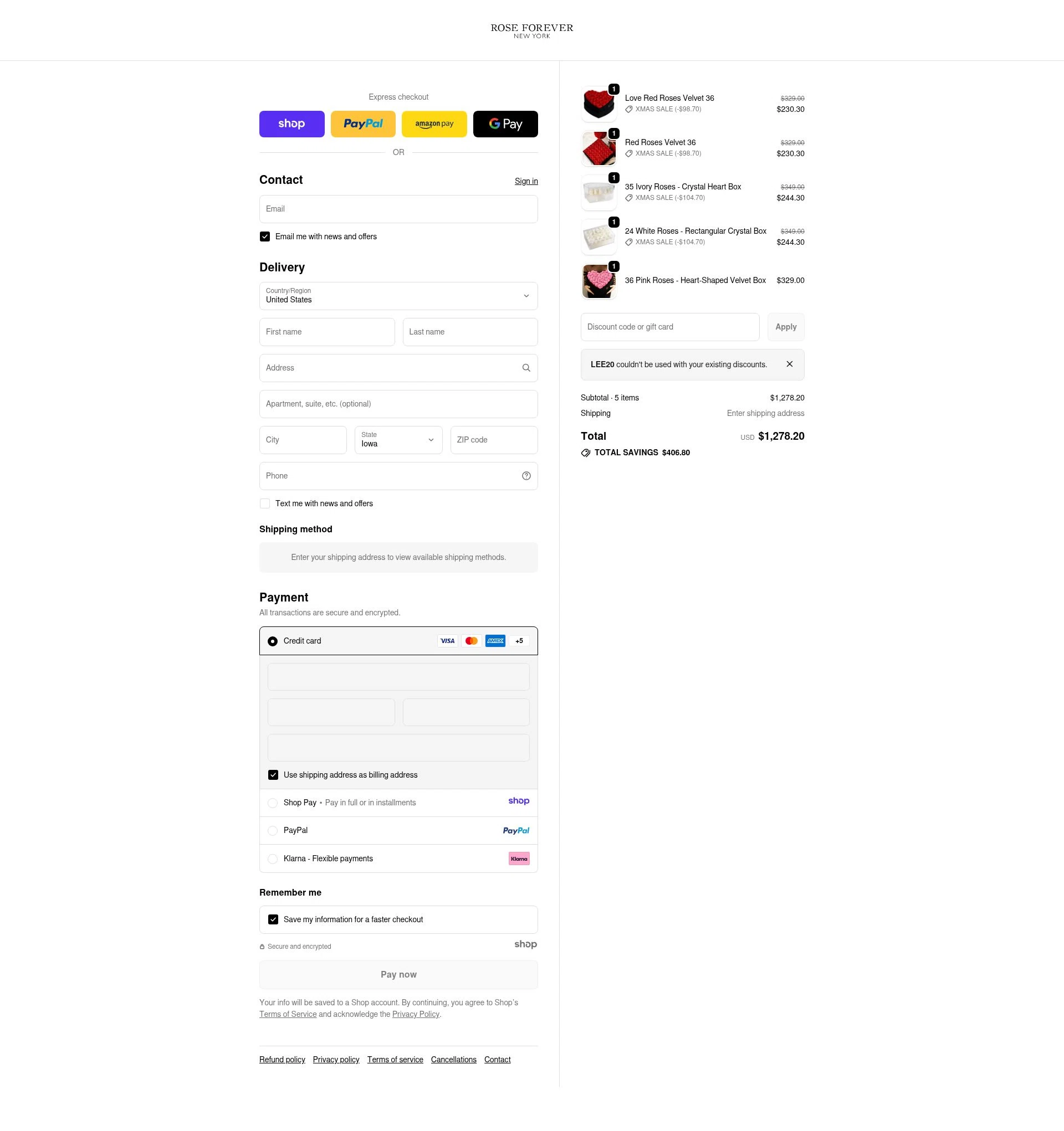 Rose Forever NY checkout page showing Rose Forever NY promo code box | Screenshot taken by SimplyCodes community member on Jan 8, 2026