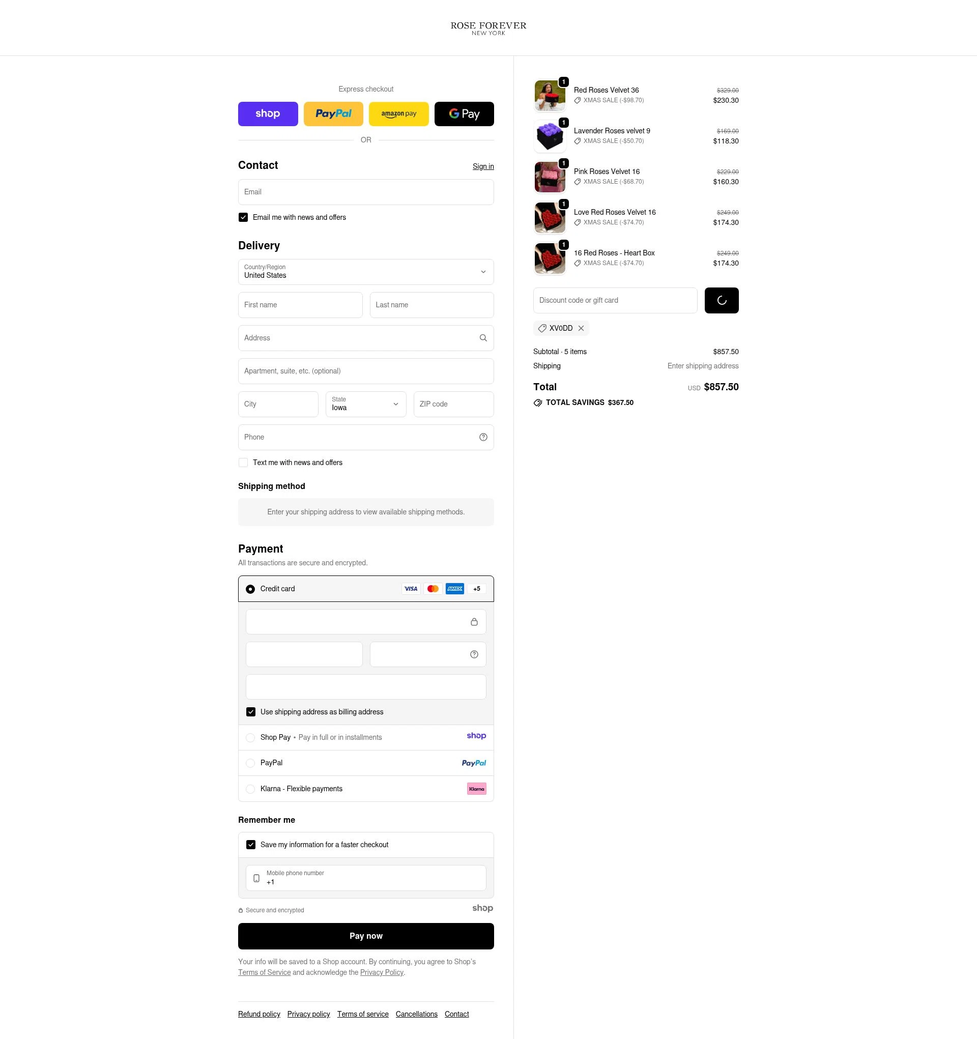 Rose Forever NY checkout page showing Rose Forever NY promo code box | Screenshot taken by SimplyCodes community member on Dec 29, 2025