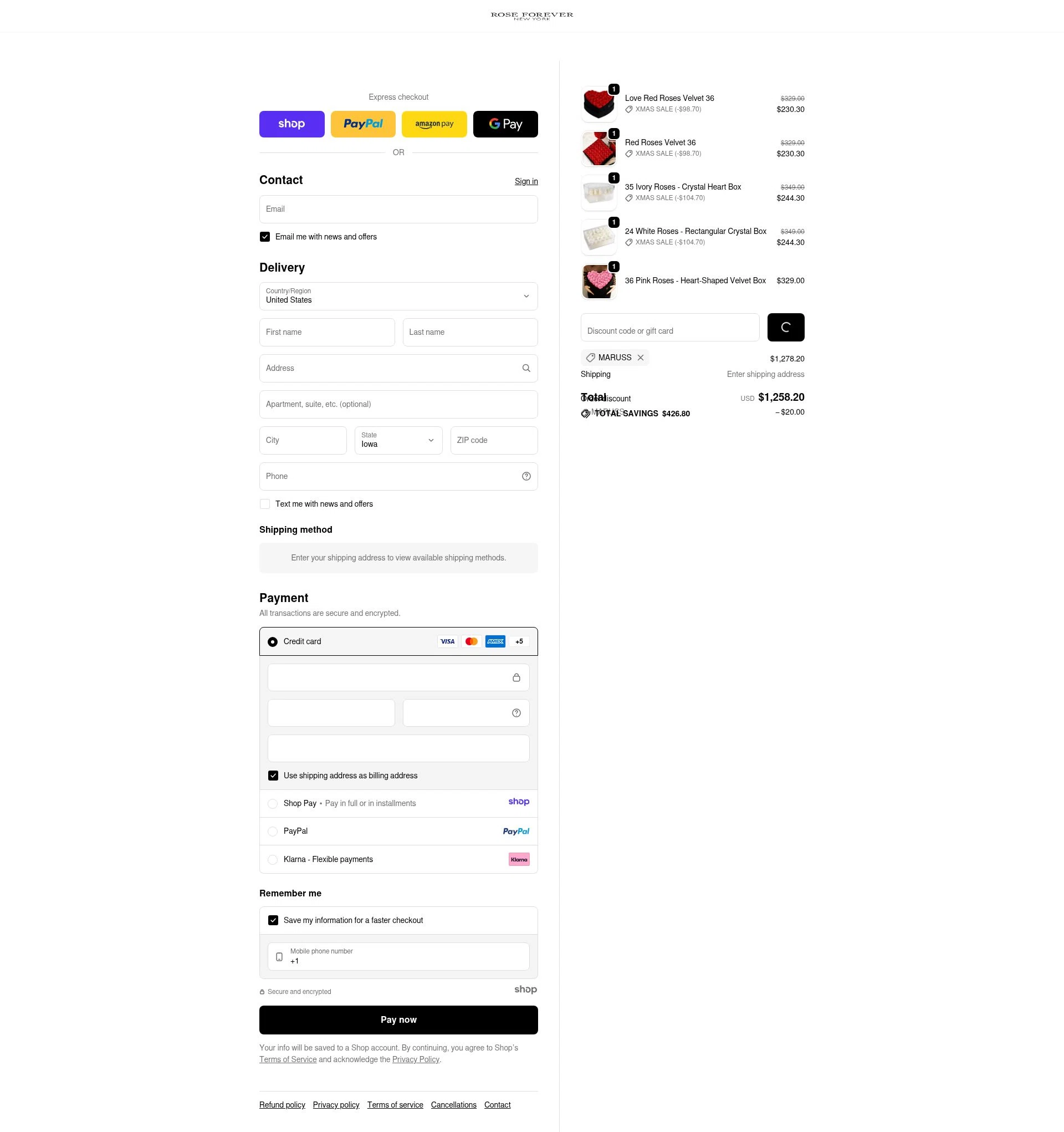 Rose Forever NY checkout page showing Rose Forever NY promo code box | Screenshot taken by SimplyCodes community member on Jan 8, 2026