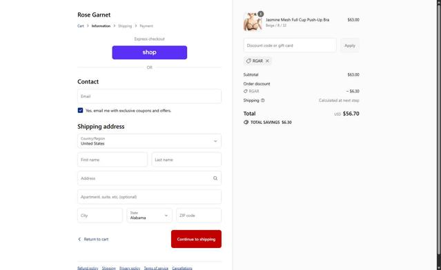 Rose Garnet checkout page showing Rose Garnet discount code box | Screenshot taken by SimplyCodes community member on Sep 11, 2025