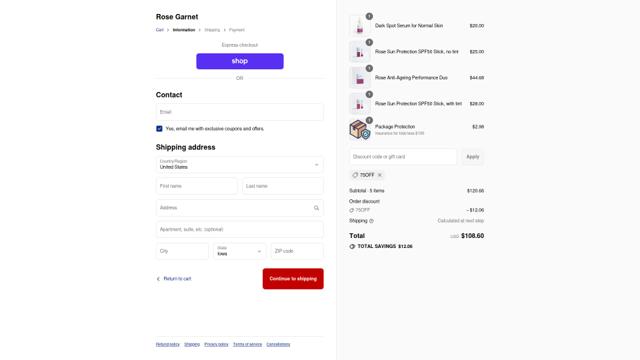 Rose Garnet checkout page showing Rose Garnet discount code box | Screenshot taken by SimplyCodes community member on Sep 10, 2025
