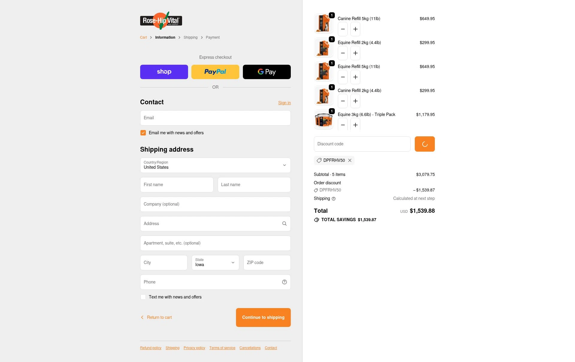 Rose Hip Vital checkout page showing Rose Hip Vital discount code box | Screenshot taken by SimplyCodes community member on Feb 4, 2026