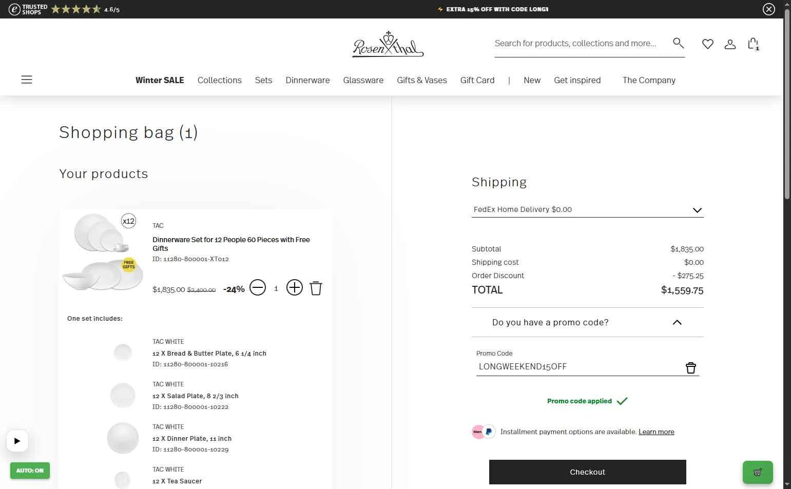 Rosenthal checkout page showing Rosenthal discount code box | Screenshot taken by SimplyCodes community member on Feb 16, 2026
