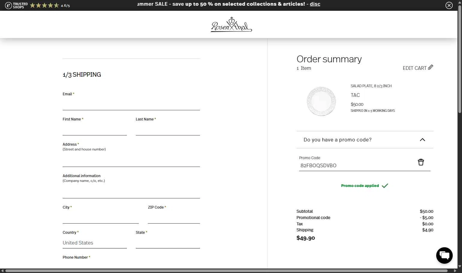 Rosenthal checkout page showing Rosenthal discount code box | Screenshot taken by SimplyCodes community member on Jul 26, 2025