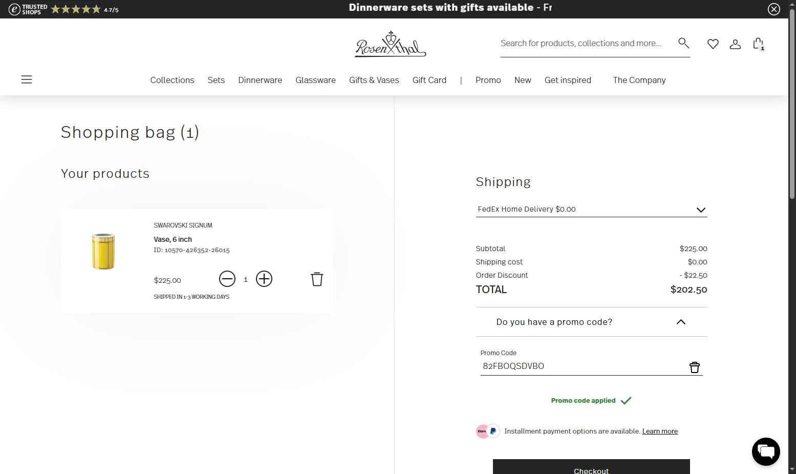 Rosenthal checkout page showing Rosenthal discount code box | Screenshot taken by SimplyCodes community member on Dec 2, 2025