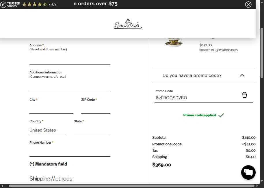 Rosenthal checkout page showing Rosenthal discount code box | Screenshot taken by SimplyCodes community member on Sep 2, 2025