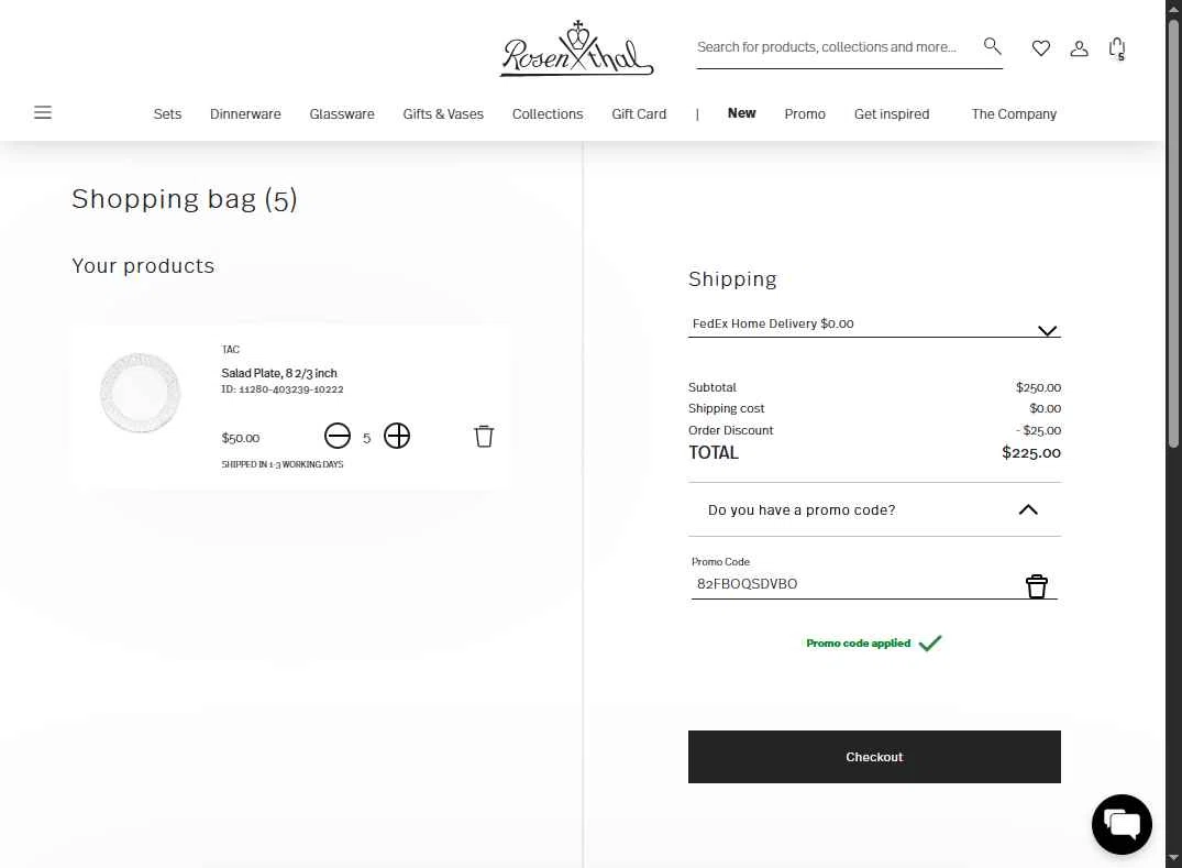 Rosenthal checkout page showing Rosenthal discount code box | Screenshot taken by SimplyCodes community member on May 7, 2025