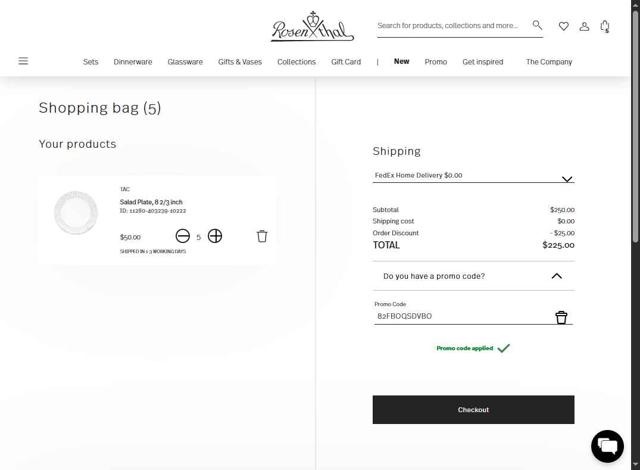 Rosenthal checkout page showing Rosenthal discount code box | Screenshot taken by SimplyCodes community member on May 7, 2025