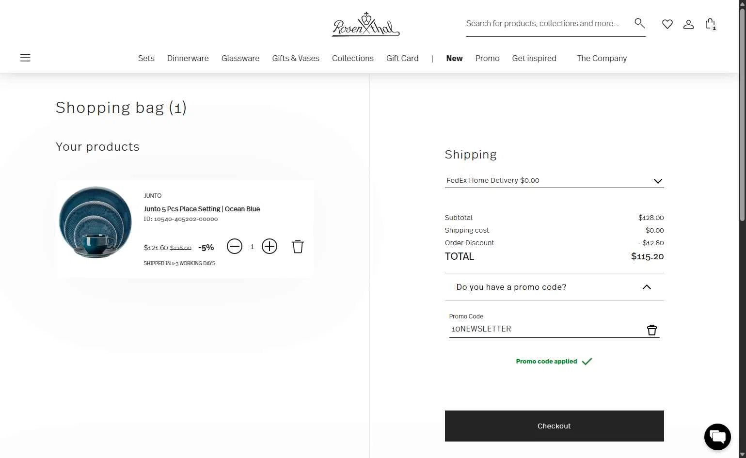 Rosenthal checkout page showing Rosenthal discount code box | Screenshot taken by SimplyCodes community member on May 7, 2025