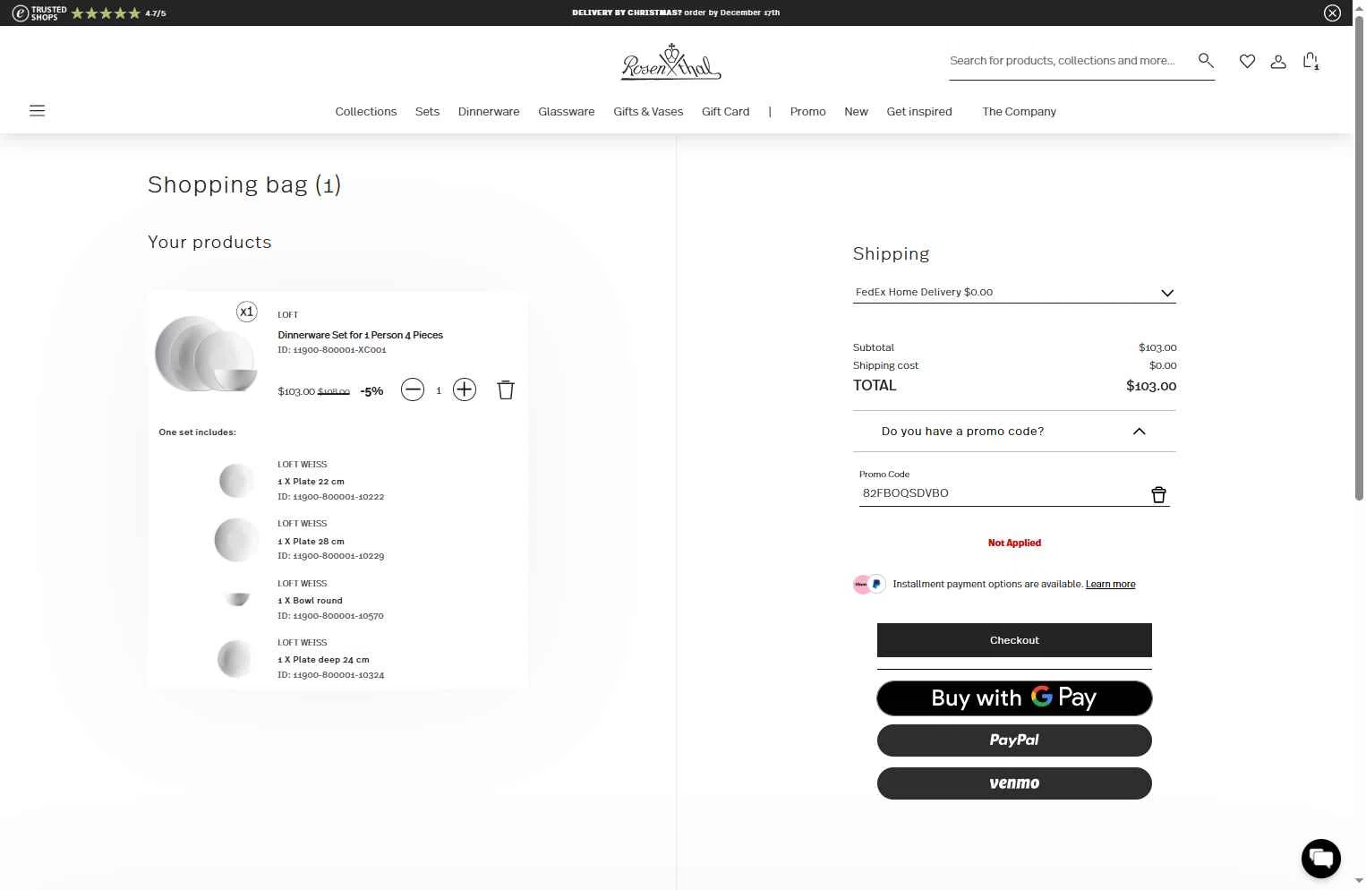 Rosenthal checkout page showing Rosenthal discount code box | Screenshot taken by SimplyCodes community member on Dec 18, 2025