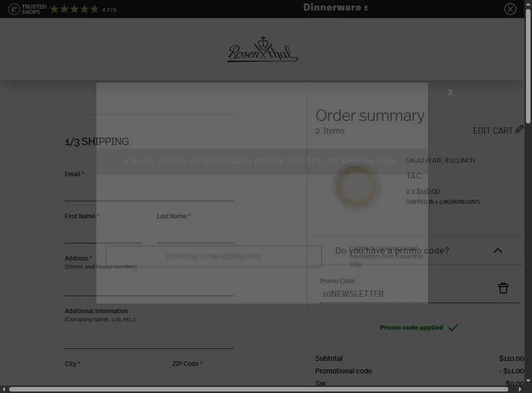 Rosenthal checkout page showing Rosenthal discount code box | Screenshot taken by SimplyCodes community member on Nov 11, 2025