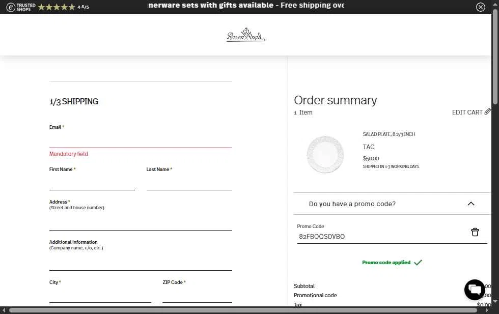Rosenthal checkout page showing Rosenthal discount code box | Screenshot taken by SimplyCodes community member on Feb 17, 2026