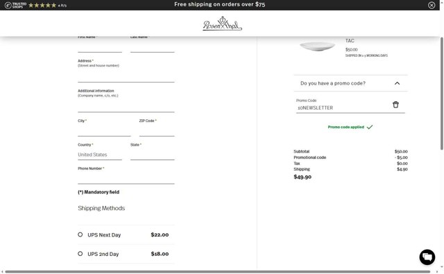 Rosenthal checkout page showing Rosenthal discount code box | Screenshot taken by SimplyCodes community member on May 7, 2025