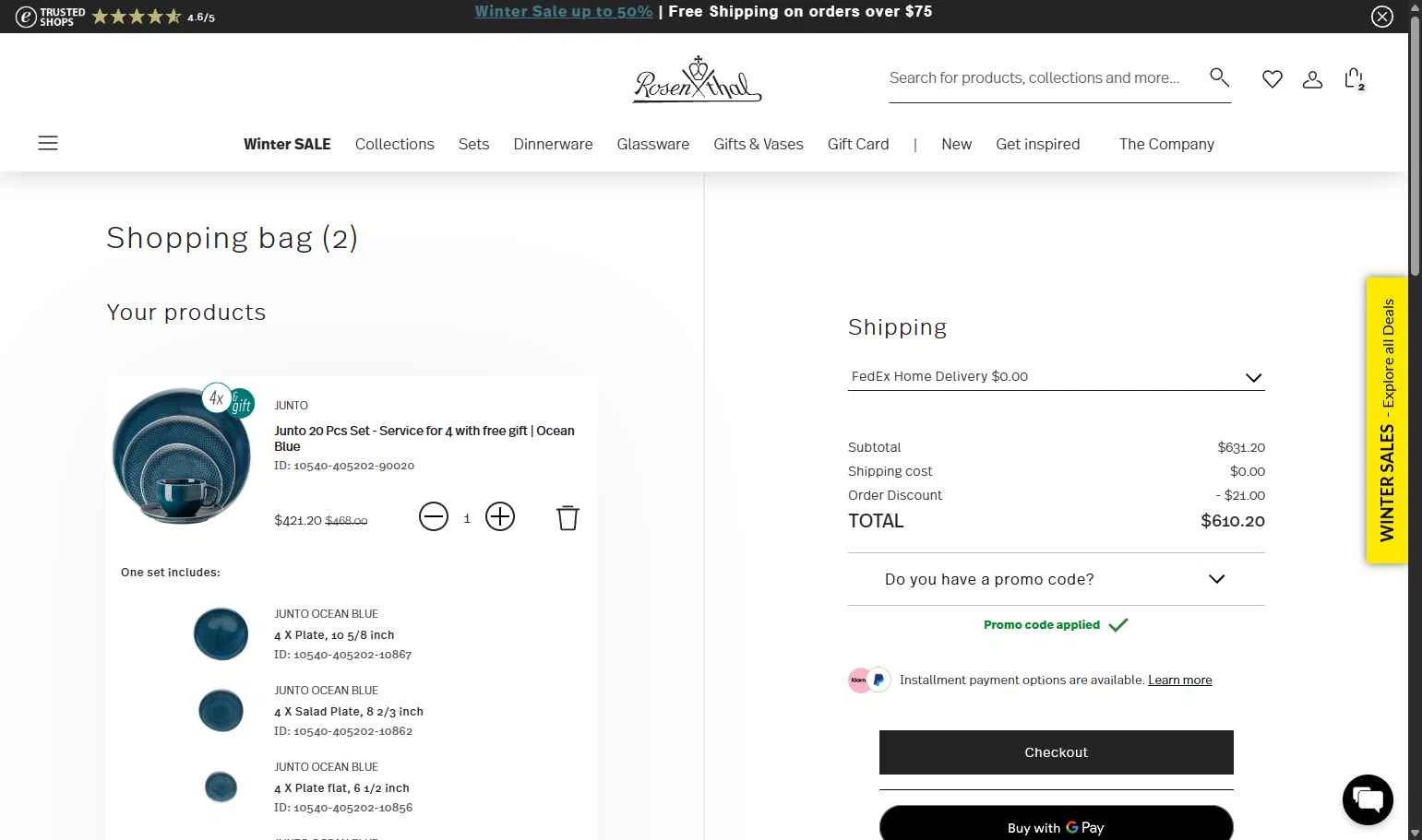 Rosenthal checkout page showing Rosenthal discount code box | Screenshot taken by SimplyCodes community member on Jan 20, 2026