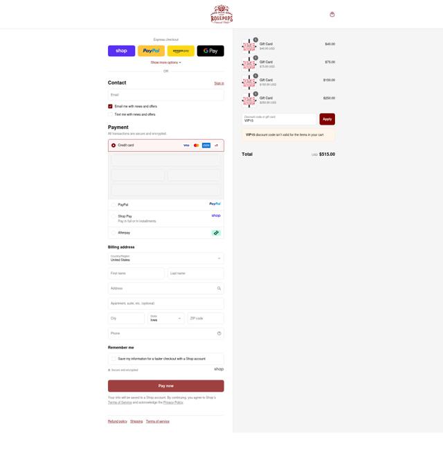 Rosepops checkout page showing Rosepops discount code box | Screenshot taken by SimplyCodes community member on Sep 16, 2025