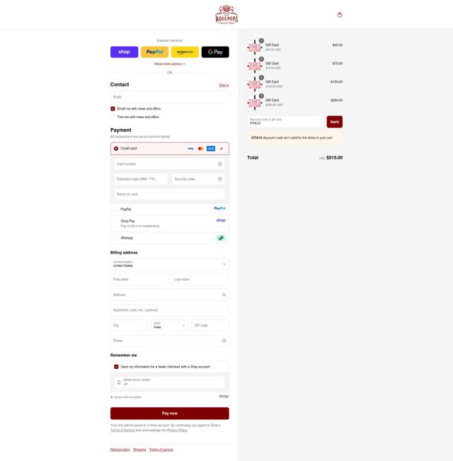 Rosepops checkout page showing Rosepops discount code box | Screenshot taken by SimplyCodes community member on Sep 16, 2025