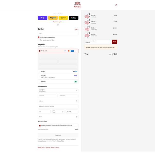 Rosepops checkout page showing Rosepops discount code box | Screenshot taken by SimplyCodes community member on Sep 16, 2025