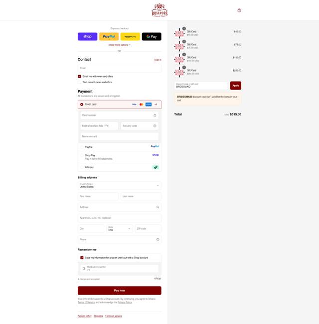 Rosepops checkout page showing Rosepops discount code box | Screenshot taken by SimplyCodes community member on Sep 16, 2025
