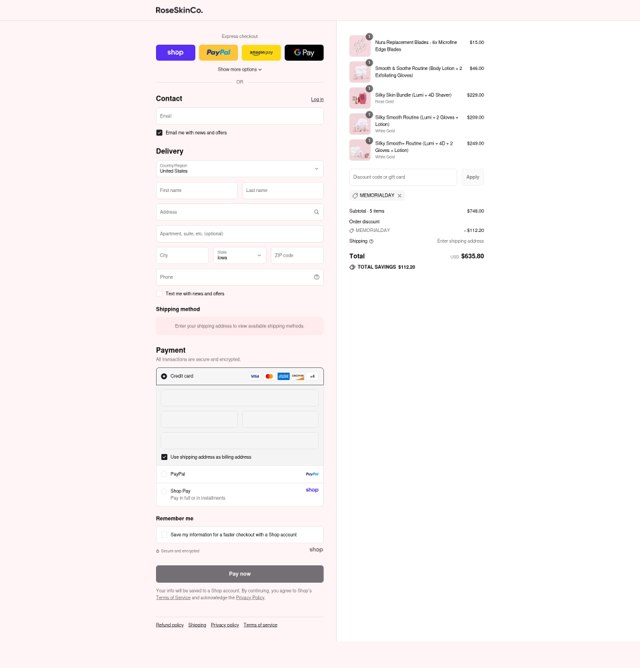RoseSkinCo checkout page showing RoseSkinCo discount code box | Screenshot taken by SimplyCodes community member on Aug 29, 2025