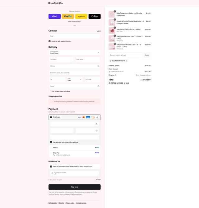 RoseSkinCo checkout page showing RoseSkinCo discount code box | Screenshot taken by SimplyCodes community member on Sep 2, 2025