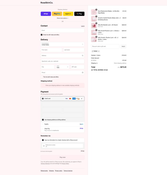 RoseSkinCo checkout page showing RoseSkinCo discount code box | Screenshot taken by SimplyCodes community member on Sep 2, 2025