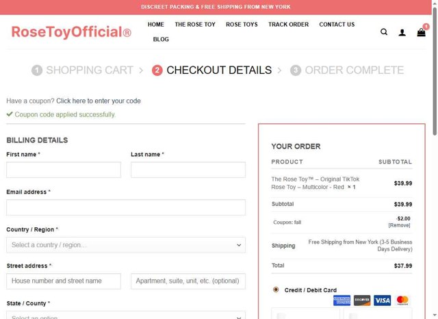 Rose Toy Official checkout page showing Rose Toy Official coupon code box | Screenshot taken by SimplyCodes community member on Jul 5, 2025