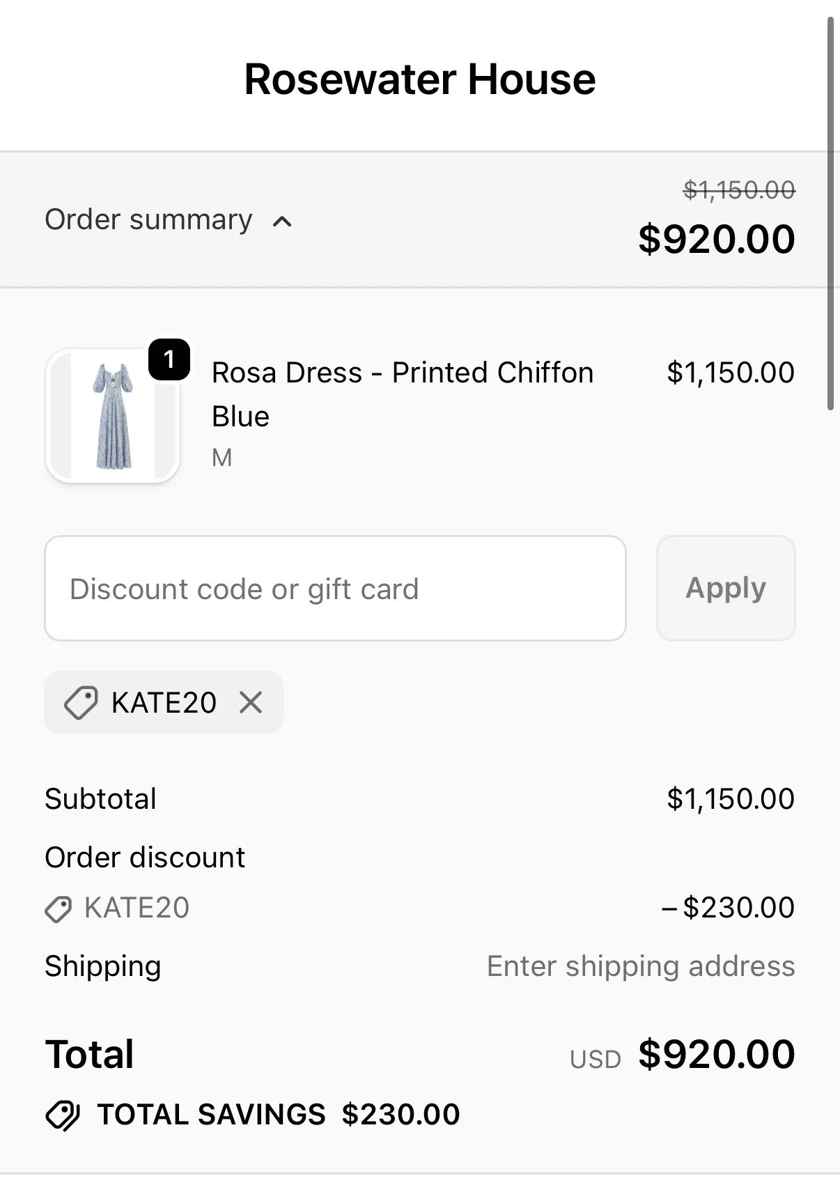 RosewaterHouse promo code screenshot showing code KATE20 applied at RosewaterHouse checkout page. Uploaded by SimplyCodes community member BargainHunter4154 on Dec 2, 2025