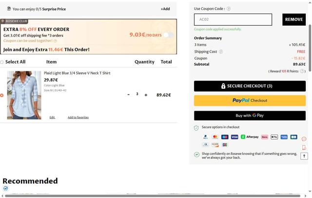 Rosewe checkout page showing Rosewe promo code box | Screenshot taken by SimplyCodes community member on Aug 23, 2025
