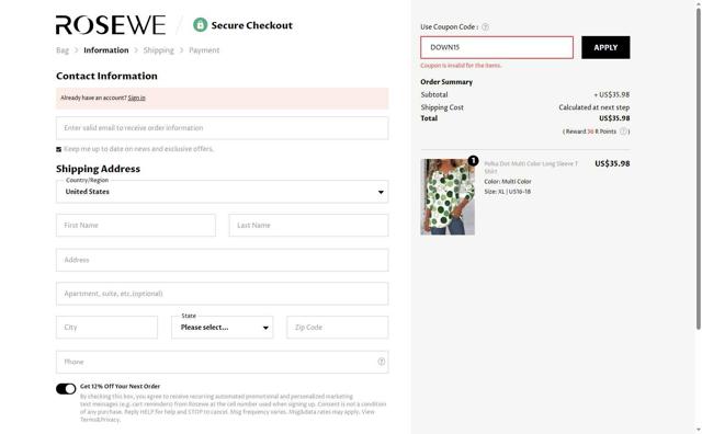 Rosewe checkout page showing Rosewe promo code box | Screenshot taken by SimplyCodes community member on Aug 22, 2025