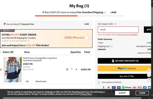 Rosewe checkout page showing Rosewe promo code box | Screenshot taken by SimplyCodes community member on Sep 4, 2025