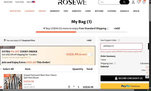 Rosewe checkout page showing Rosewe promo code box | Screenshot taken by SimplyCodes community member on Aug 22, 2025