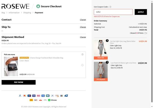 Rosewe checkout page showing Rosewe promo code box | Screenshot taken by SimplyCodes community member on Aug 22, 2025