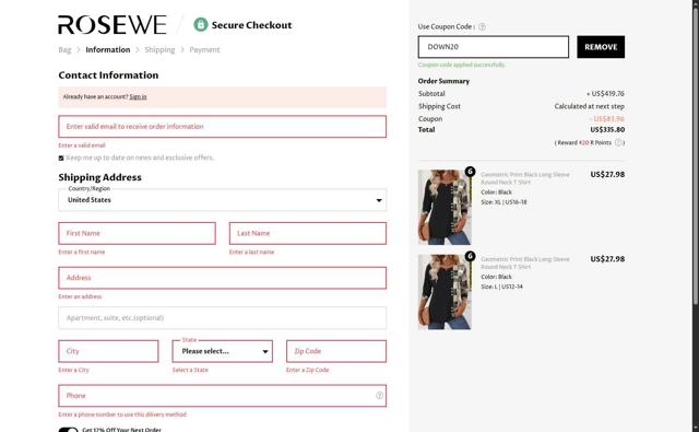 Rosewe checkout page showing Rosewe promo code box | Screenshot taken by SimplyCodes community member on Aug 29, 2025