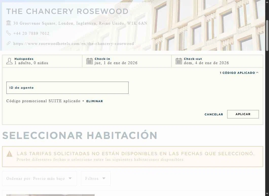 Rosewood Hotels and Resorts checkout page showing Rosewood Hotels and Resorts promo code box | Screenshot taken by SimplyCodes community member on Dec 30, 2025