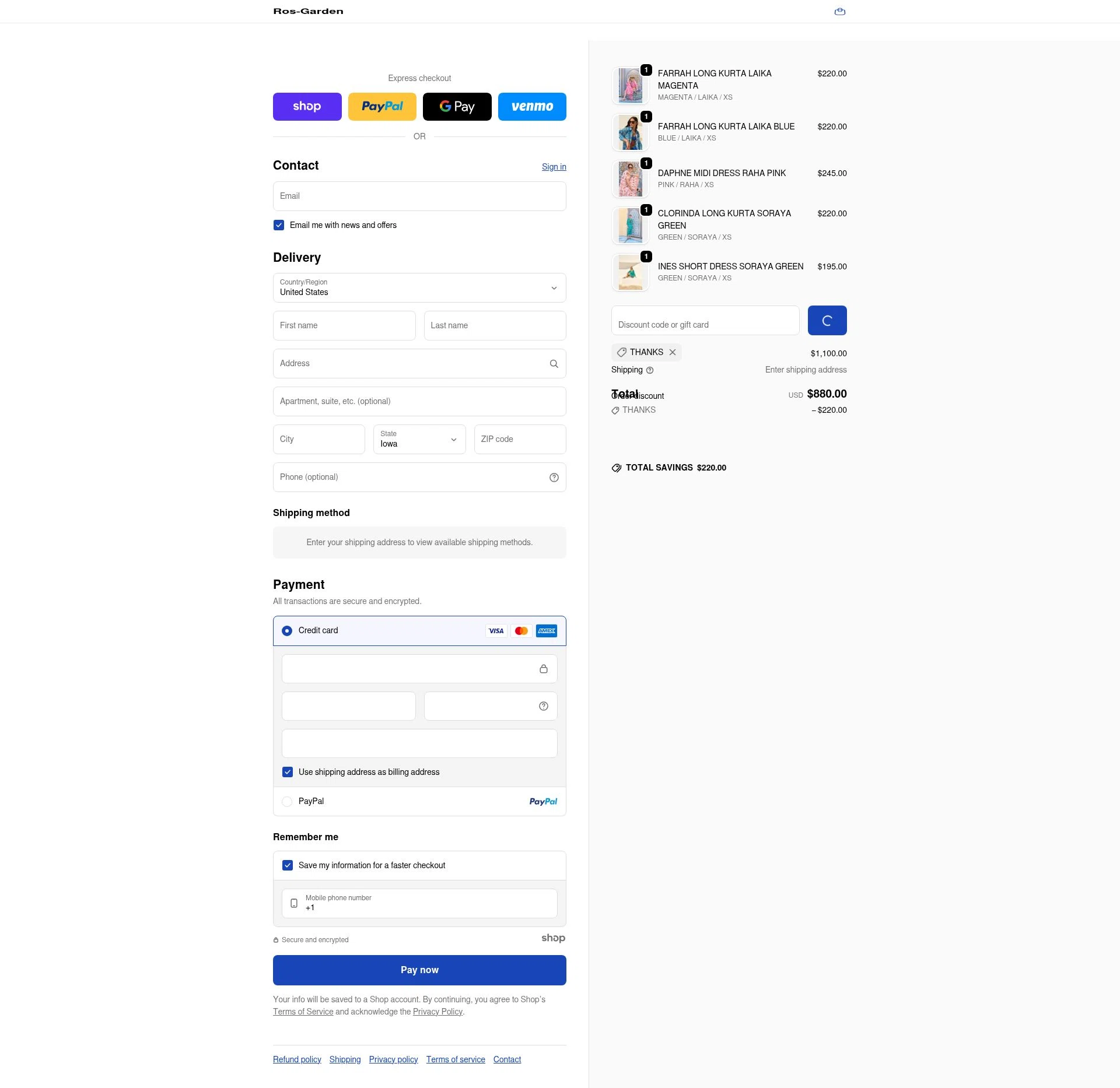 Ro’s Garden checkout page showing Ro’s Garden promo code box | Screenshot taken by SimplyCodes community member on Dec 19, 2025