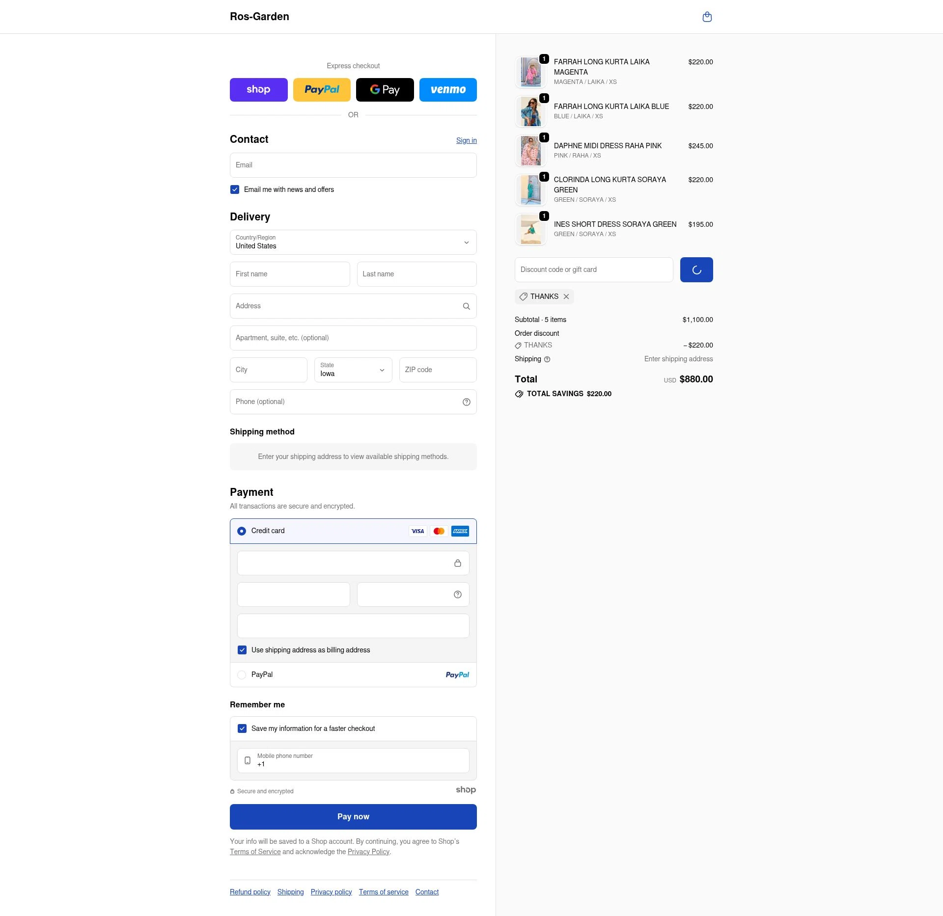 Ro’s Garden checkout page showing Ro’s Garden promo code box | Screenshot taken by SimplyCodes community member on Dec 25, 2025