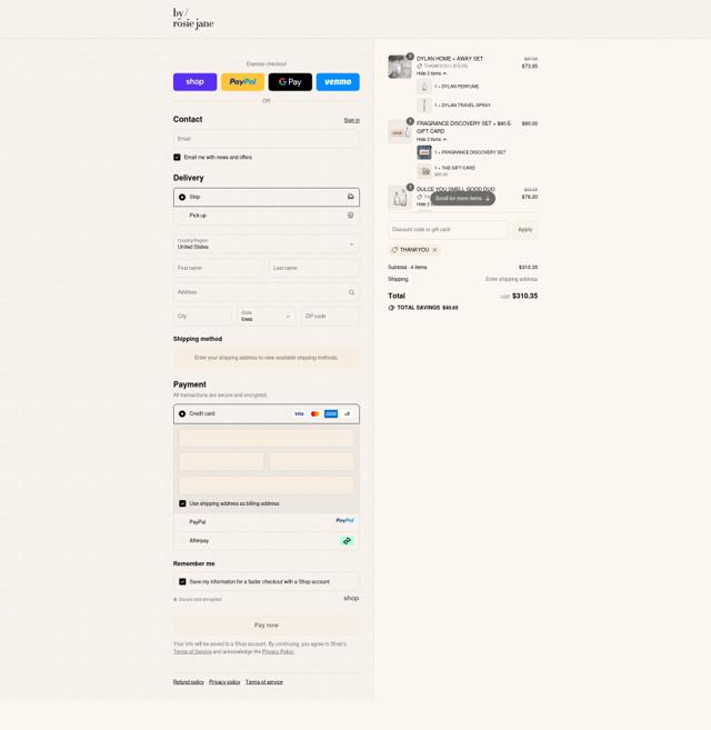 Rosie Jane checkout page showing Rosie Jane discount code box | Screenshot taken by SimplyCodes community member on Sep 12, 2025