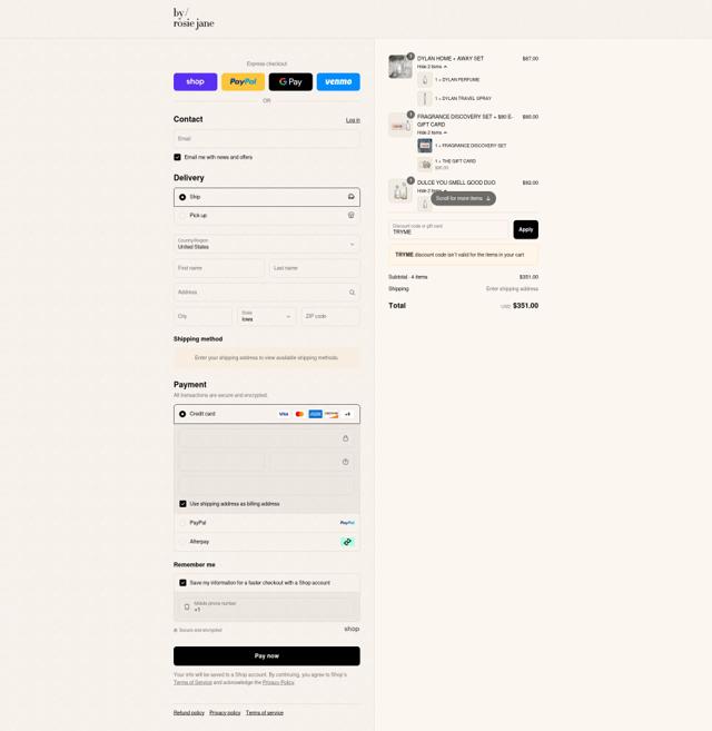 Rosie Jane checkout page showing Rosie Jane discount code box | Screenshot taken by SimplyCodes community member on Sep 8, 2025