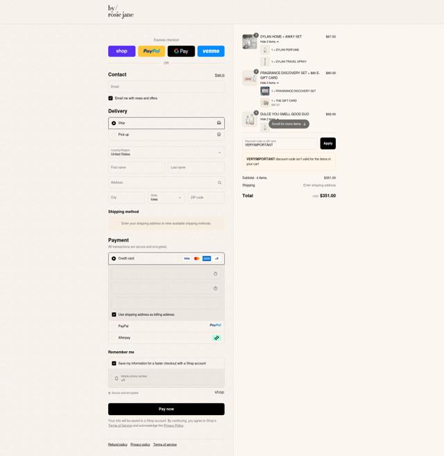 Rosie Jane checkout page showing Rosie Jane discount code box | Screenshot taken by SimplyCodes community member on Sep 12, 2025