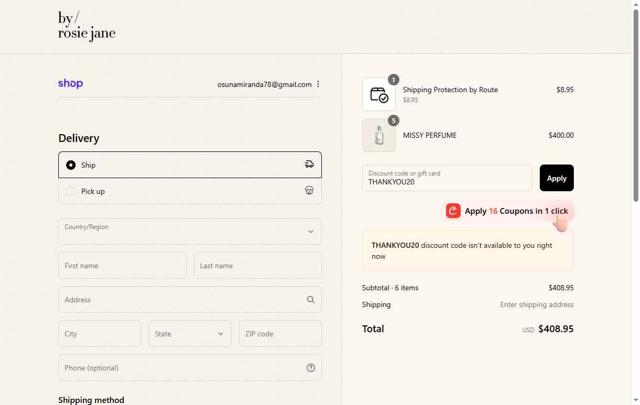Rosie Jane checkout page showing Rosie Jane discount code box | Screenshot taken by SimplyCodes community member on Sep 13, 2025