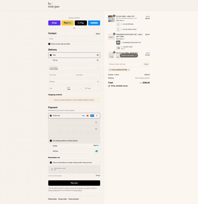 Rosie Jane checkout page showing Rosie Jane discount code box | Screenshot taken by SimplyCodes community member on Sep 12, 2025