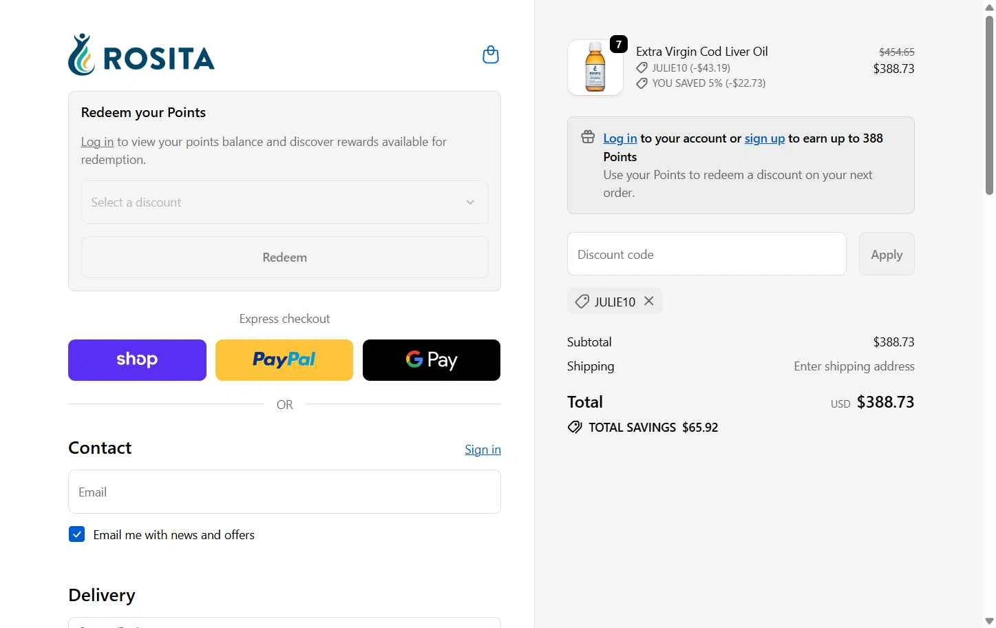 Rosita checkout page showing Rosita discount code box | Screenshot taken by SimplyCodes community member on Dec 11, 2025