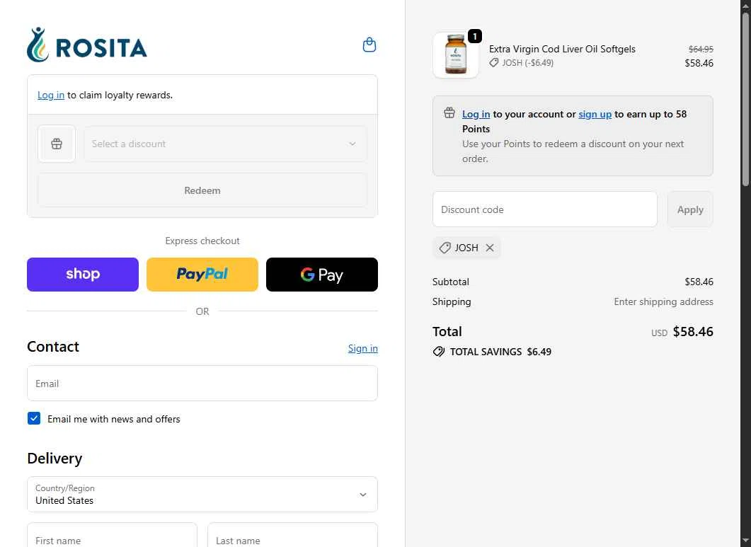 Rosita checkout page showing Rosita discount code box | Screenshot taken by SimplyCodes community member on Feb 10, 2026