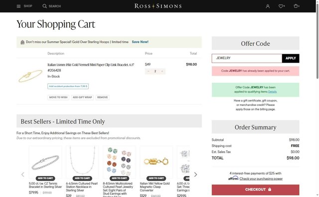 Ross-Simons Jewelry checkout page showing Ross-Simons Jewelry promo code box | Screenshot taken by SimplyCodes community member on Aug 16, 2025