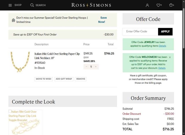 Ross-Simons Jewelry checkout page showing Ross-Simons Jewelry promo code box | Screenshot taken by SimplyCodes community member on Aug 14, 2025