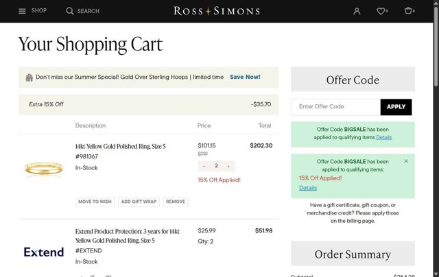 Ross-Simons Jewelry checkout page showing Ross-Simons Jewelry promo code box | Screenshot taken by SimplyCodes community member on Aug 28, 2025