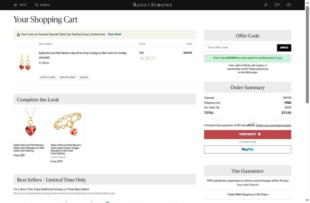 Ross-Simons Jewelry checkout page showing Ross-Simons Jewelry promo code box | Screenshot taken by SimplyCodes community member on Aug 24, 2025