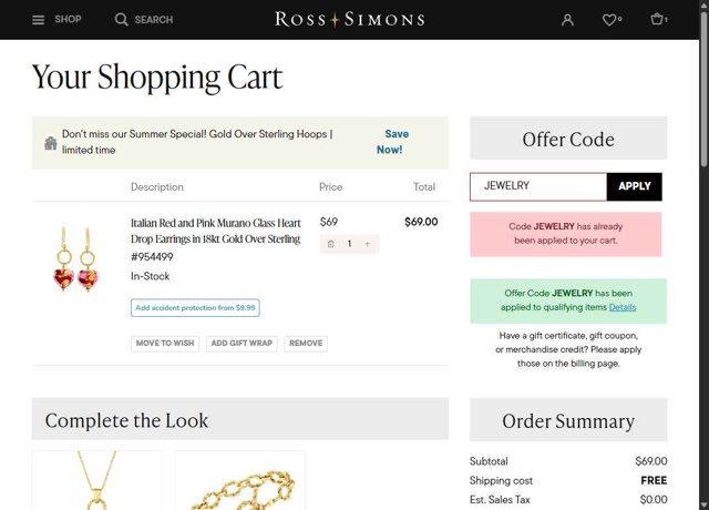 Ross-Simons Jewelry checkout page showing Ross-Simons Jewelry promo code box | Screenshot taken by SimplyCodes community member on Sep 2, 2025