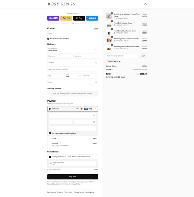Rosy Rings checkout page showing Rosy Rings promo code box | Screenshot taken by SimplyCodes community member on Aug 24, 2025