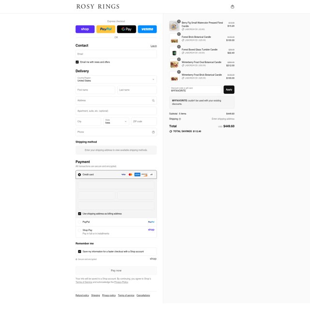 Rosy Rings checkout page showing Rosy Rings promo code box | Screenshot taken by SimplyCodes community member on Sep 2, 2025